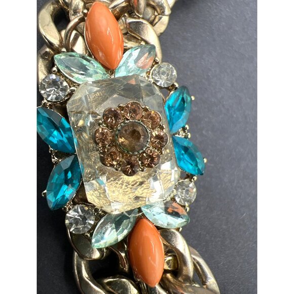 Double Chain Chunky Rhinestones Necklace Orange Teal Gold-Tone Unique Statement - Picture 8 of 12